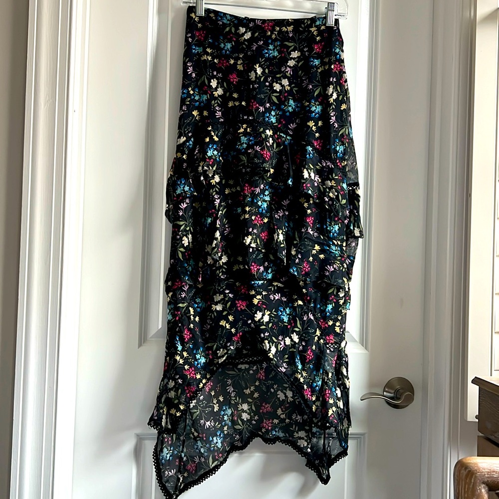 Love, Sam XS black floral tiered high low maxi skirt